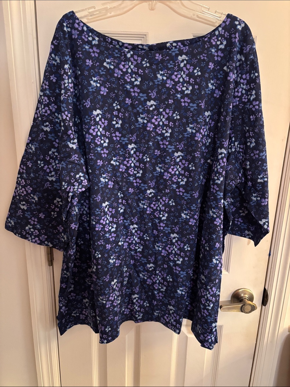 Woman Within Navy and Purple Floral Tunic